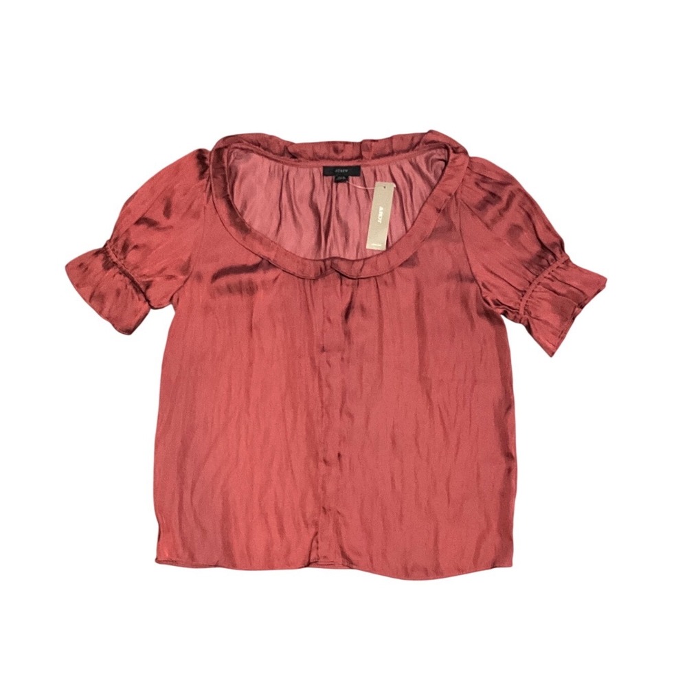 J.Crew Satin Short Sleeve Rust Hidden Button Office Womens Blouse XXS NWT